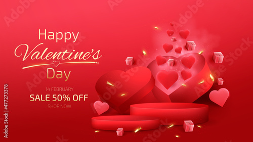 Red podium product display with heart shape elements and gold ribbon. Valentines day background.