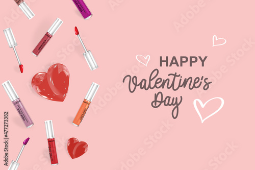 A festive banner for Valentine's Day. Realistic cosmetics with a heart and a calligraphic inscription on a pink background for greeting cards, headlines and website, vector design.