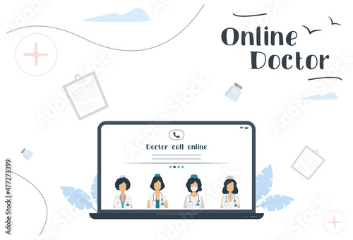 Online doctors. Doctors on screen laptop. Online medical services, medical consultation. Vector illustration in modern style
