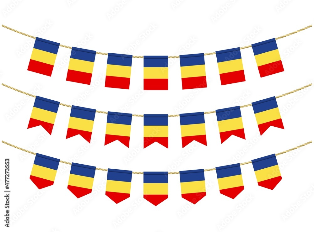 Romania flag on the ropes on white background. Set of Patriotic bunting flags. Bunting decoration of Romania flag Romania flag on the ropes on white background. Set of Patriotic bunting flags. Bunting decoration of Romania flag