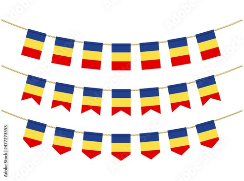 Romania flag on the ropes on white background. Set of Patriotic bunting flags. Bunting decoration of Romania flag