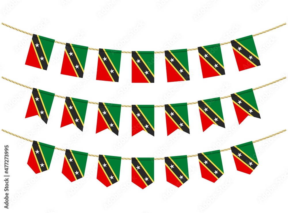 Saint Kitts and Nevis flag on the ropes on white background. Set of Patriotic bunting flags. Bunting decoration of Saint Kitts and Nevis flag