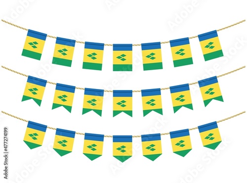 Saint Vincent and the Grenadines flag on the ropes on white background. Set of Patriotic bunting flags. Bunting decoration of Saint Vincent and the Grenadines flag