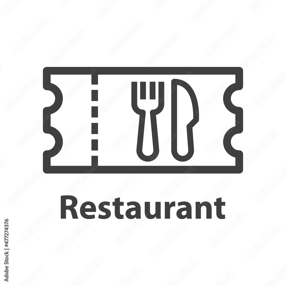 Logo comida online. Icono ticket con cubiertos con texto Restaurant con líneas en color gris Logo comida online. Icono ticket con cubiertos con texto Restaurant con líneas en color gris