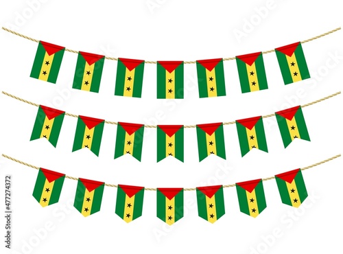 Sao Tome and Principe flag on the ropes on white background. Set of Patriotic bunting flags. Bunting decoration of Sao Tome and Principe flag