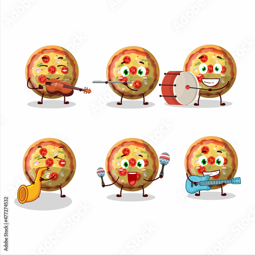 Cartoon character of pizza gummy candy playing some musical instruments