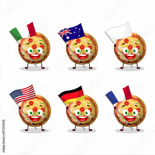 Pizza gummy candy cartoon character bring the flags of various countries