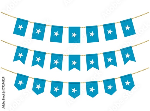 Somalia flag on the ropes on white background. Set of Patriotic bunting flags. Bunting decoration of Somalia flag