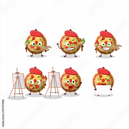Artistic Artist of pizza gummy candy cartoon character painting with a brush
