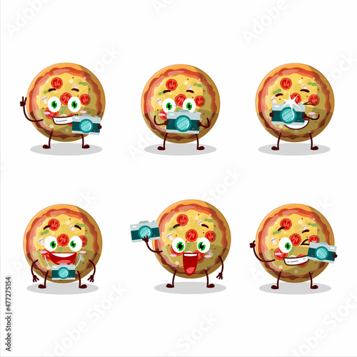 Photographer profession emoticon with pizza gummy candy cartoon character
