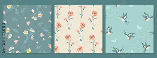 Set of seamless patterns for Valentine's Day with wildflowers, swallows and hearts.