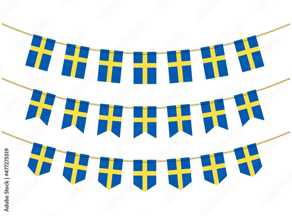 Sweden flag on the ropes on white background. Set of Patriotic bunting flags. Bunting decoration of Sweden flag