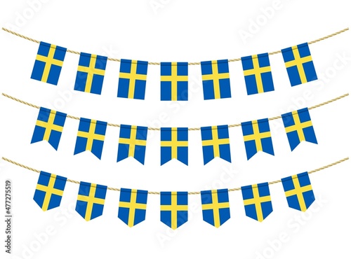 Sweden flag on the ropes on white background. Set of Patriotic bunting flags. Bunting decoration of Sweden flag
