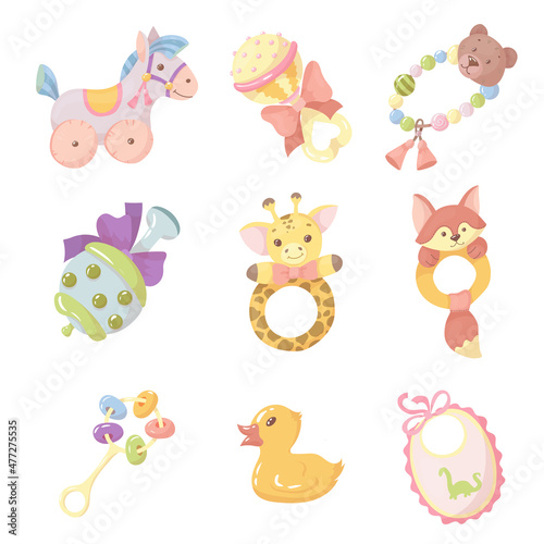 A set of toys for small children. Rattles for newborns. Goods for kids. Vector illustration isolated on white background.