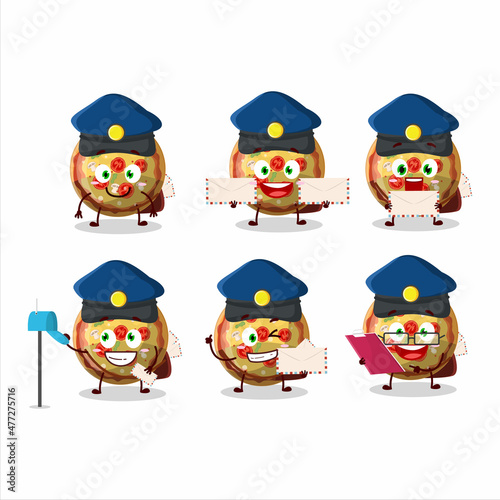 A picture of cheerful pizza gummy candy postman cartoon design concept