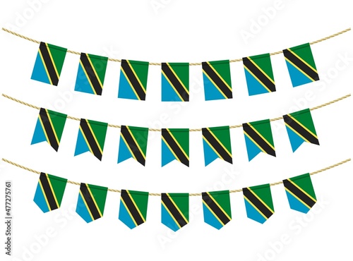 Tanzania flag on the ropes on white background. Set of Patriotic bunting flags. Bunting decoration of Tanzania flag