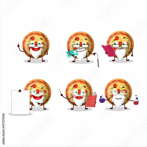 Professor pizza gummy candy academic cartoon character working on laboratory