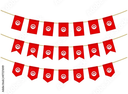 Tunisia flag on the ropes on white background. Set of Patriotic bunting flags. Bunting decoration of Tunisia flag
