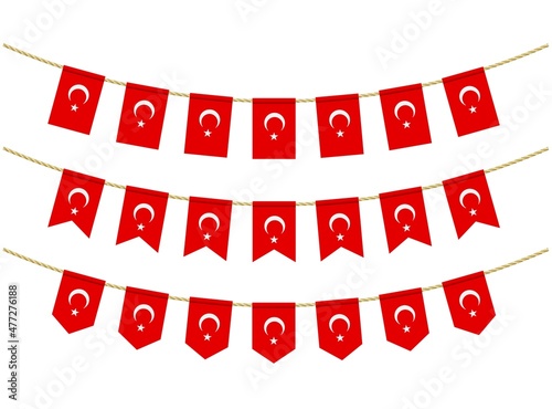 Turkey flag on the ropes on white background. Set of Patriotic bunting flags. Bunting decoration of Turkey flag