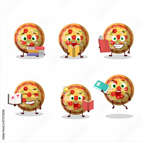 A picture of pizza gummy candy cartoon character concept reading an amusing book