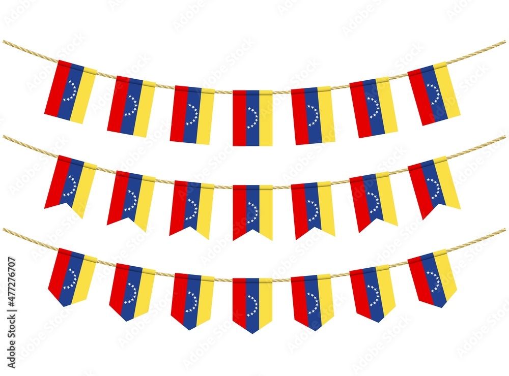 Fototapeta premium Venezuela flag on the ropes on white background. Set of Patriotic bunting flags. Bunting decoration of Venezuela flag