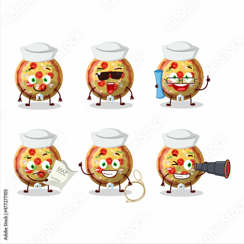 A character image design of pizza gummy candy as a ship captain with binocular