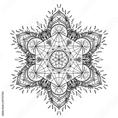 Decorative mandala round pattern with sacred geometry element Metatron Cube, ...