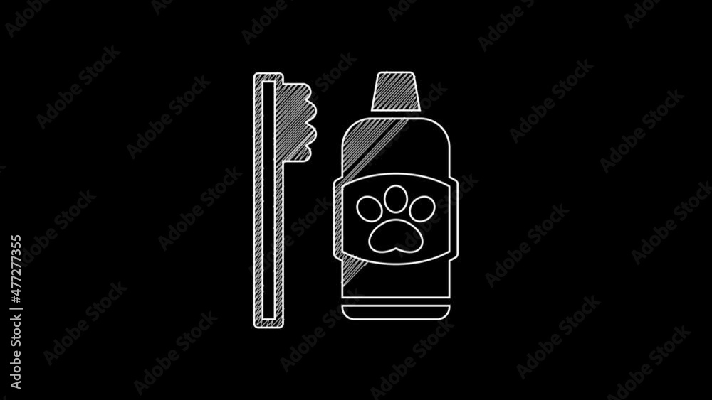White line Dental hygiene for pets icon isolated on black background. Toothbrush and toothpaste. Teeth cleaning. 4K Video motion graphic animation White line Dental hygiene for pets icon isolated on black background. Toothbrush and toothpaste. Teeth cleaning. 4K Video motion graphic animation