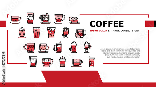 Coffee Types Energy Morning Drink Landing Web Page Header Banner Template Vector. Espresso And Cappuccino, Macchiato And Latte, Americano And Chocolate Coffee Types Illustration