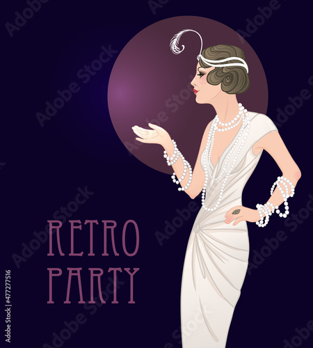Flapper girl: Retro party invitation design template. Vector illustration.