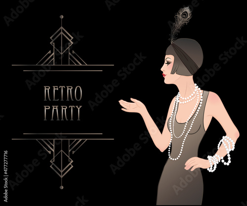 Flapper girl: Retro party invitation design template. Vector illustration.