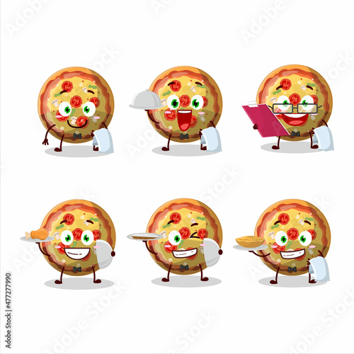 happy pizza gummy candy waiter cartoon character holding a plate