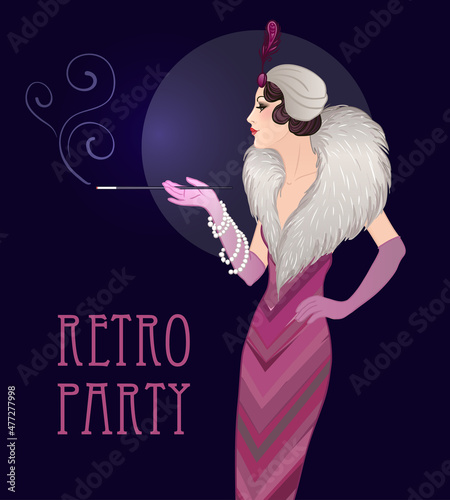 Flapper girl: Retro party invitation design template. Vector illustration.
