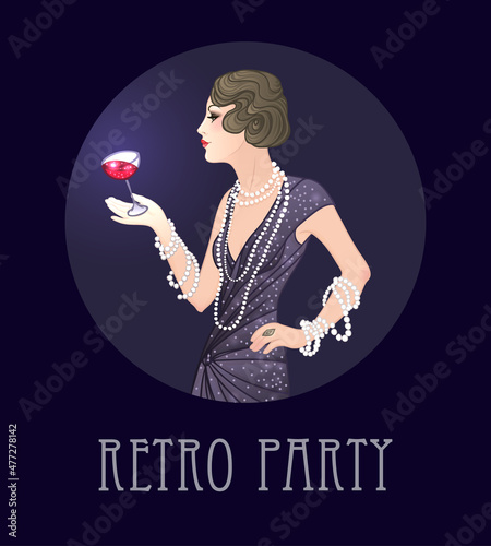 Flapper girl: Retro party invitation design template. Vector illustration.