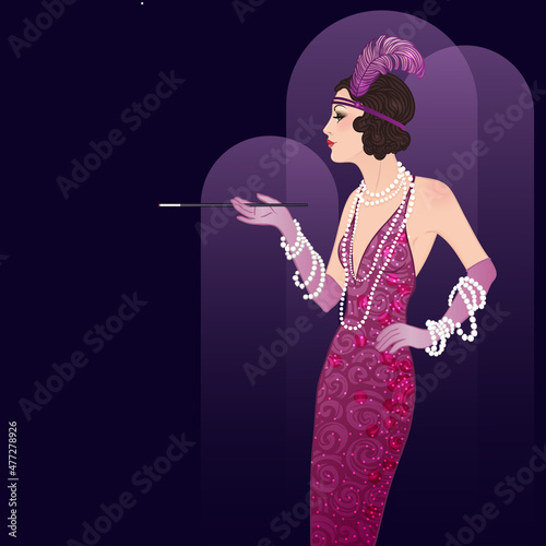 Flapper girl: Retro party invitation design template. Vector illustration.