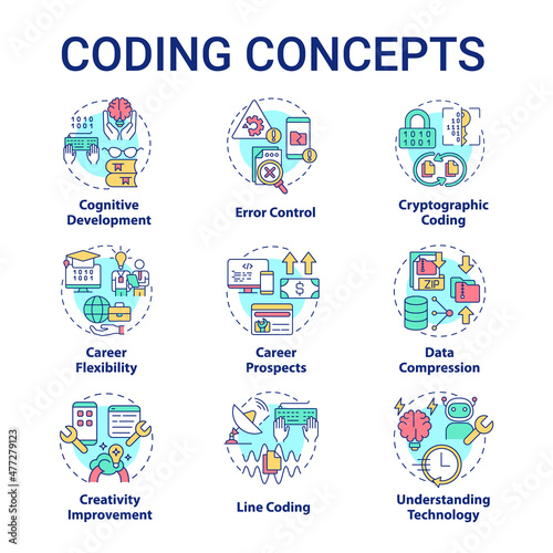 Coding concept icons set. Software developer job and skills. Programming idea thin line color illustrations. Isolated outline drawings. Editable stroke. Roboto-Medium, Myriad Pro-Bold fonts used