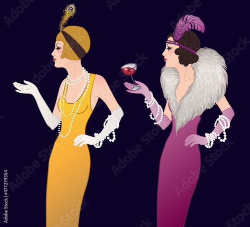 Flapper girl: Retro party invitation design template. Vector illustration.