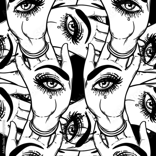 Seamless pattern with hands with the all-seeing eye on the palm. Occult desig...