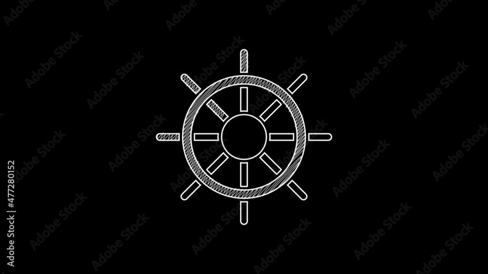 White line Ship steering wheel icon isolated on black background. 4K Video motion graphic animation White line Ship steering wheel icon isolated on black background. 4K Video motion graphic animation