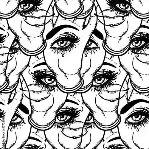 Seamless pattern with hands with the all-seeing eye on the palm. Occult desig...