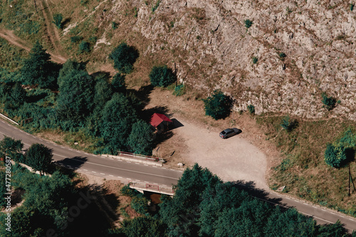 Aerial view of road through the moutains in Romania