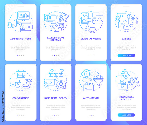 Subscription benefits blue gradient onboarding mobile app screen set. Walkthrough 4 steps graphic instructions pages with linear concepts. UI, UX, GUI template. Myriad Pro-Bold, Regular fonts used