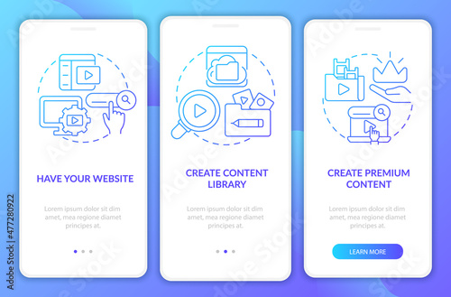 Video on demand blue gradient onboarding mobile app screen. Walkthrough 3 steps graphic instructions pages with linear concepts. UI, UX, GUI template. Myriad Pro-Bold, Regular fonts used
