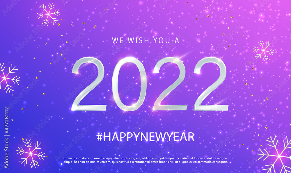 2022 Happy New Year vector holiday on festive background with glowing snowflakes. White Numeral 2022 with shining light effect. Festive premium template for holiday. Vector illustration