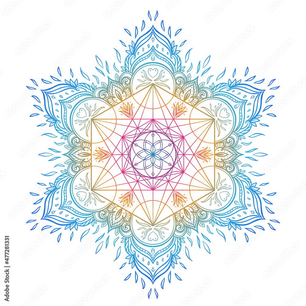 Decorative mandala round pattern with sacred geometry element Metatron Cube, powerful symbol, Flower of Life. Alchemy, philosophy, spirituality. Design music cover, t-shirt, poster, flyer. Astrology.