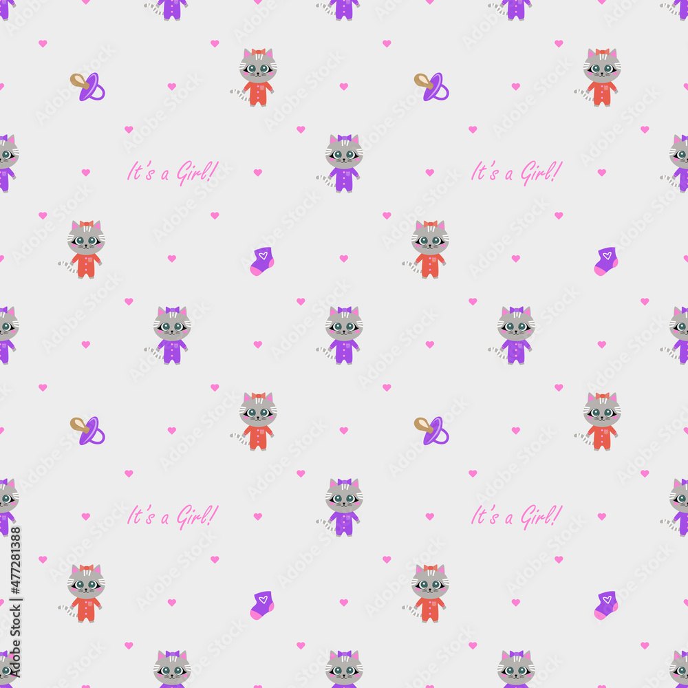 Seamless pattern with cats baby girls