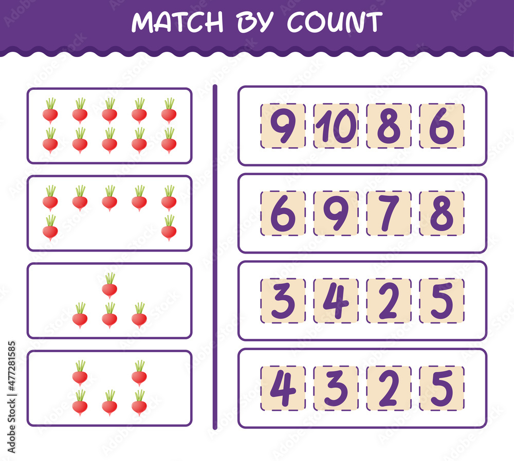 Match by count of cartoon radish. Match and count game. Educational game for pre shool years kids and toddlers
