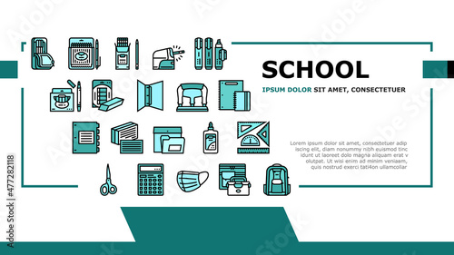School Supplies Stationery Tools Landing Web Page Header Banner Template Vector. Pencil And Market Package, Ruler And Scissors, Calculator Electronic Device And Backpack School Supplies Illustration