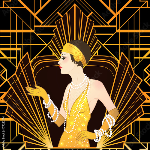 Flapper girl: Retro party invitation design template. Vector illustration.
