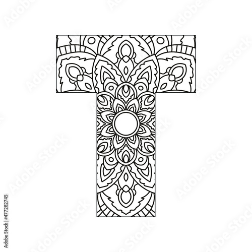Alphabet Mandala, Mandala style letter, Alphabet letter coloring page for adults and kids, illustration 